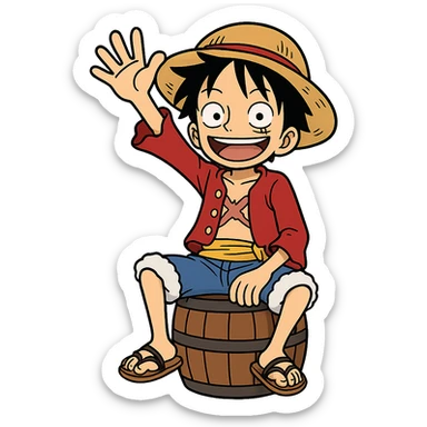 Luffy sitting on a barrel, waving his hand, clear straw hat, cartoon style sticker