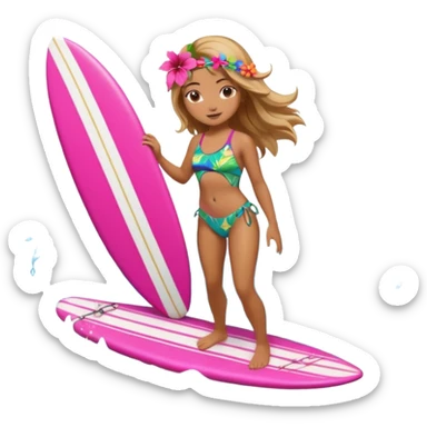 cute female surfer riding waves, hibiscus flower in hair, tropical swimsuit, colorful surfboard with Hawaiian patterns, water splash, 3D cartoon, mobile game icon style, clean background, no text sticker