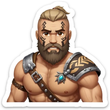 Clash of Clans aesthetic: Cinematic Rugged Barbarian Portrait Emoji, Intense and formidable with a heavily muscled physique, a rugged beard, piercing eyes and battle-worn armor adorned with tribal markings, his complexion a light tan that speaks of hard-fought battles, Simplified yet powerfully detailed features, highly detailed, glowing with a deep, primal energy, high shine, gritty and uncompromising, stylized with an air of raw, untamed power, focused and determined, soft glowing outline, capturing the essence of a barbarian warrior carved by countless battles and poised to lead his clan into epic conflict! sticker