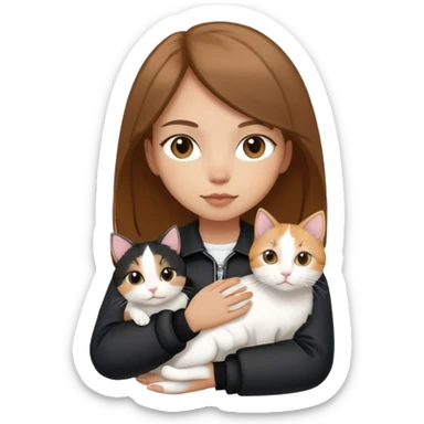 Light-skinned girl with brown straight hair wearing a black jacket, holding one completely white cat and one calico cat sticker