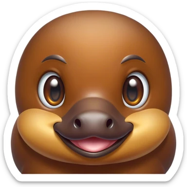 Cinematic Cute Platypus Portrait Emoji, Head tilted playfully and inquisitively, featuring a glossy brown fur with a charming, flat duckbill and round, sparkling eyes brimming with quirky wonder, Simplified yet irresistibly adorable features, highly detailed, glowing with a warm, friendly glow, high shine, affectionate and whimsical, stylized with a touch of aquatic playfulness, bright and endearing, soft glowing outline, capturing the essence of a mischievous yet lovable platypus, so playful it feels like it could waddle out of the screen into your arms! sticker