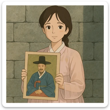 a young woman in a pale pink sheer hanbok holding a traditional Korean portrait in front of a grey stone wall, soft lighting, gentle expression, ghibli style sticker