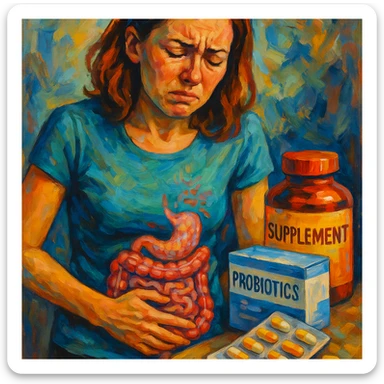 woman with intestinal dysbiosis caused by wrong supplementation, modern painterly style, suffering expression, vivid colors, clinical details, visible supplement packages sticker