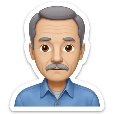 Older slim Hispanic man in his 60s with light skin. Thinner face with pronounced features. Expressive brown eyes, thick eyebrows showing age. Short brown hair with significant receding hairline. Scraggly brown beard with gray patches. Wearing a blue button-up shirt on his lean frame. sticker