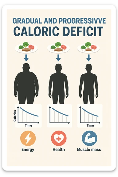 una sequenza di tre sagome umane affiancate, ognuna rappresenta una fase diversa di perdita di peso graduale. Sopra ogni figura, un piatto mostra porzioni di cibo bilanciate ma leggermente ridotte. Frecce e grafici illustrano una diminuzione lenta e costante dell’apporto calorico giornaliero, con icone che rappresentano energia, salute e mantenimento della massa muscolare. Sfondo pulito e moderno, con etichette chiare che spiegano “deficit calorico graduale e progressivo” sticker