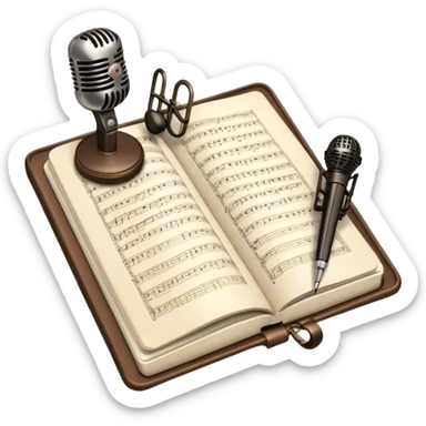 Create an emoji representing songwriting. The design should feature an open notebook or sheet music with visible lyrics between the musical notes, symbolizing the process of writing song lyrics. The text between the notes should be clearly visible. A pen or pencil should be placed near the notebook, indicating active writing. Optionally, include a vintage microphone lying beside the notebook (not on the music notes) to add a creative touch. Use a harmonious color palette with warm and neutral tones. Do not include any emojis or smiley faces. Make the background transparent. sticker