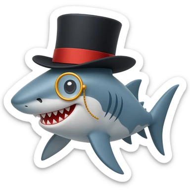 Add a monocle to the shark with a top hat in the style of emoji, no background. sticker