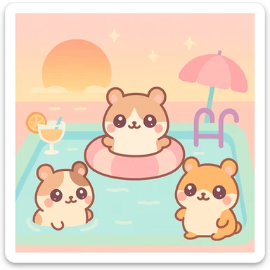 square colorful pool party scene at sunset with up to 3 kawaii hamsters, weed leaves, cheese, and THC theme, extra vibrant, nostalgic, fun, inviting, summer party vibe, clear composition, no disco ball sticker