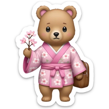 A cute light-brown bear wearing a pastel pink sakura-patterned kimono, normal balanced body ratio.  
Wearing a small backpack on the back, one paw holding the strap, ready to go outside.  
Kawaii emoji style, minimalistic clean sticker illustration, white background. sticker