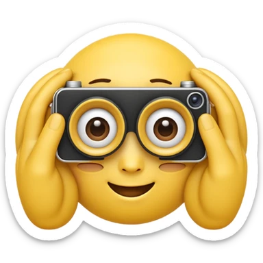 A 3D Apple-style yellow emoji character, classic round shape, using both hands to form a rectangular “camera frame” in front of its face, fingers extended and slightly curved, focused expression with raised eyebrows, cartoonish eyes looking through the frame, clean minimal background sticker