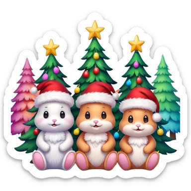 Different colored Christmas Bunnies with Santa hats sitting by brightly lit glowing colorful Christmas trees and candy canes 🎁  sticker