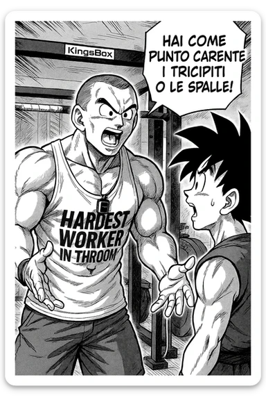 Personal trainer che dice al suo allievo, "hai come punto carente i tricipiti o le spalle!" Stile manga di Dragon Ball sticker