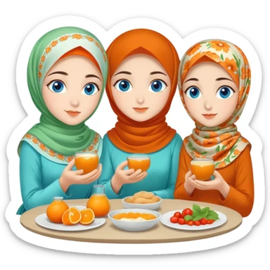 Four sister Turkish girls beautiful finish Konya blue eyes with orange floral hijab and light green dress and make turkish Breakfast sticker