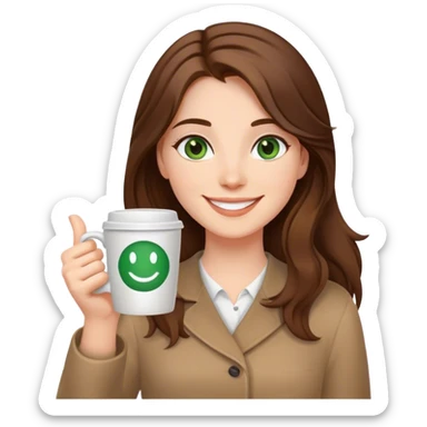 Long, Brown haired girl with middle hair part, with green eyes, smiling, waving with one hand, coffee mug in the other sticker