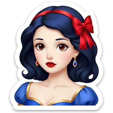 Cinematic Stunning Snow White Portrait Emoji, Fair skin glowing like porcelain, ruby-red lips, deep brown eyes full of kindness, raven hair framed by her iconic red bow, wearing her royal blue and gold gown, exuding timeless beauty and grace! sticker