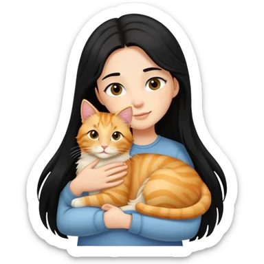 A black-haired girl hugs a long-haired golden tabby cat sticker