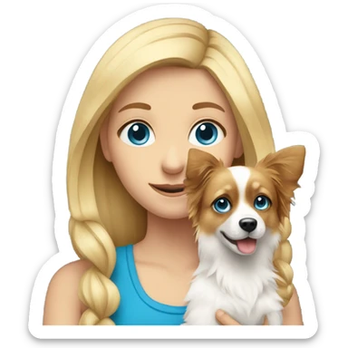 blonde girl with blue eyes holds a papillon dog in her arms sticker
