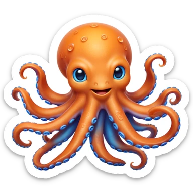 Cinematic Noble smiling Octopus Portrait Emoji, Poised and enchanting, with a light orange body adorned with vibrant blue rings and eight delightfully curling arms with gentle suckers, large sparkling eyes exuding warmth and playfulness, Simplified yet charmingly expressive features, highly detailed, glowing with a soft, magical underwater radiance, high shine, intelligent and irresistibly cute, stylized with an air of whimsical marine enchantment, focused and fluid, soft glowing outline, capturing the essence of a watchful and endearing octopus that appears ready to float out of the screen with delightful charm! sticker