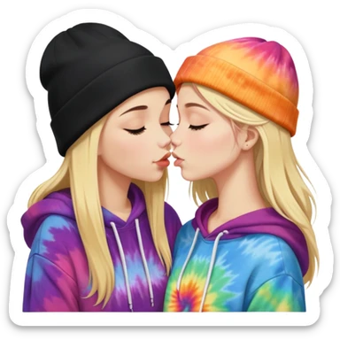 Short brunette haired white girl in a hoodie and a black beanie kissing a tall short long blonde haired girl wearing a black beanie and a tiedye hoodie. make ther brunette shorter than the blonde sticker