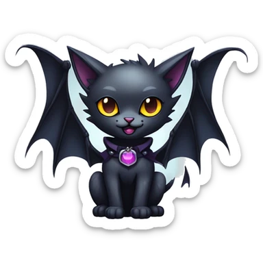  cool edgy kawaii ethereal dark-punk-themed animal vampiric cat-hybrid Fakemon with fangs and bat-wing-ears with a collar full body sticker