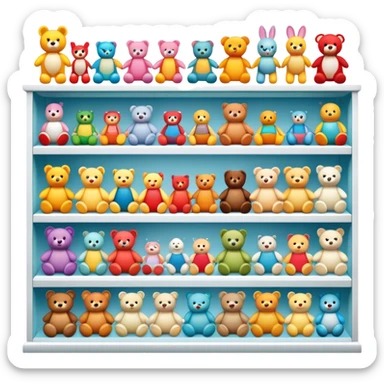 Icon for Toy Collecting: a collection of various vintage toys such as dolls, action figures, and plush animals, displayed neatly on shelves or in display cases. The icon should evoke the joy and nostalgia of collecting toys. Transparent background. sticker