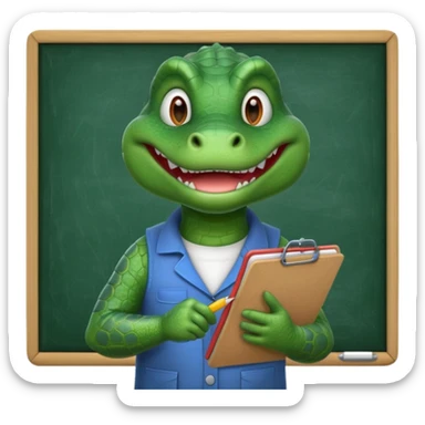 A 1960s style image of a gator with a clipboard and a pencil in front of a chalkboard sticker