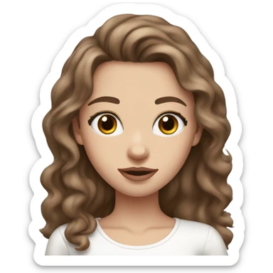 White skinny and beautiful girl with brown long wavy hair and dark brown eyes, soft pink lips and a white shirt.  sticker