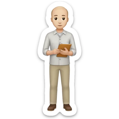 man, mid 30's shirt and trousers balding hairline, full body, standing, holding a clipboard sticker