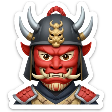Samurai with helmet and an oni mask covering their mouth sticker