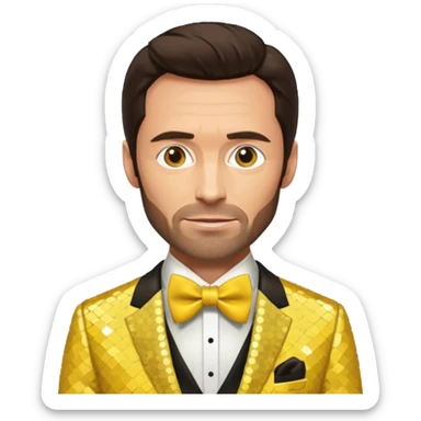 Hugh Jackman with dark brown hair, yellow sequin suit with bow tie sticker
