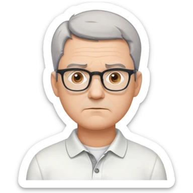 "Create an emoji of a middle-aged man with short gray hair, glasses, and a neutral expression. He is wearing a white polo shirt and has a slightly serious look. The background is minimal or plain." sticker