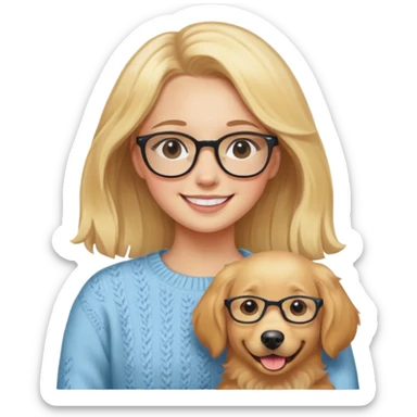 Smiling Caucasian blonde girl in sweater with glasses with smiling golden retriever sticker