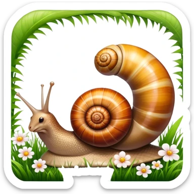 Close-up of large home snails inside a terrarium, showcasing their soft, spiral shells and glistening bodies, with a gentle light highlighting their details. With stones and grass and flowers. Transparent background. sticker