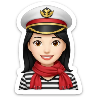 marinera de pelo negro piel blanca con camisa a rayas blanco y negro y pañuelo rojo y gorra de capitana sticker