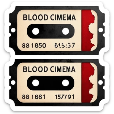 Minimalist emoji-style sticker of an old torn cinema ticket, blood-stained edges and burn holes, grayscale paper

 sticker
