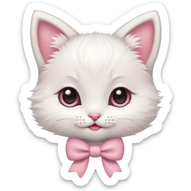 A tiny white kitten with innocent eyes, rosy pink cheeks, and an adorable smile, sporting a dainty pink bow on its head sticker