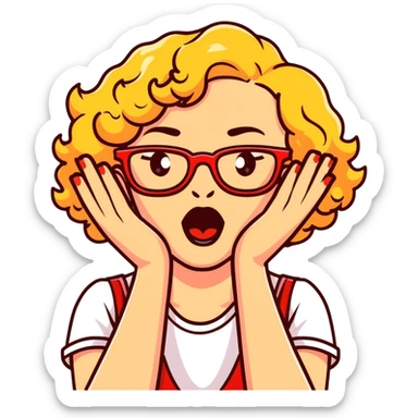 Blonde woman with short curly hair, slightly overweight, wearing red-framed glasses, shouting with hands on both sides of her mouth sticker