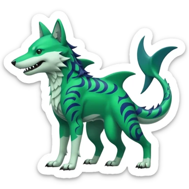 Edgy cool badass Neon-green landhai-sergal-wolf-canine, with a shark tail, with black and dark-green swirly patterns markings sticker