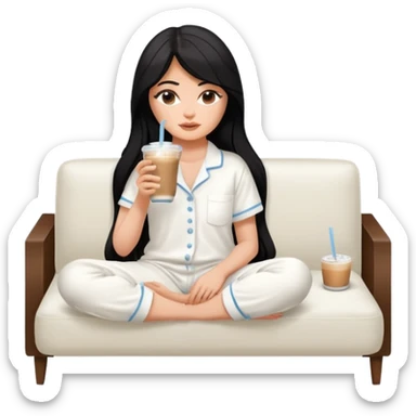 Kylie Jenner with her sexy face and long hair, make it 1 tone lighter,sitting learning on macbook watching the screen the laptop, she wears a white Skims pajama and she's drinking 1 tasty iced latte with a straw and sitting on a white sofa sticker
