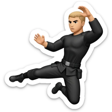 A tactical Krav Maga figure in black uniform, blocking an attack with a defensive arm motion, serious expression, symbolizing real-world combat, minimal but strong design sticker
