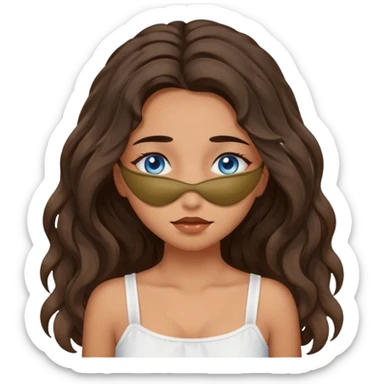 Girl with olive skin, blue eyes, brown dark insanely wavy long hair, white camisole, covering eyes sticker