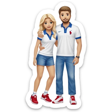 Shakira with blue eyes and  Gerard pique with blue eyes holding her in his armsThey both laugh at each other its romantic&he wears a nice polo from Ralph Laurent in white& a nice baggy jeans with 97 Nike sneaker. She is wearing a romantic feminine short red dress with white open sexy heels  sticker