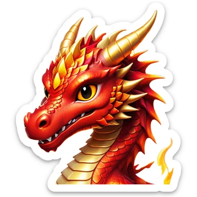 Cinematic Cute Fierce Fire Dragon Portrait Emoji, Head tilted playfully and inquisitively, showcasing a robust, flame-embellished form with intricately detailed scales in vibrant reds and glistening golds, accented by flickering ember highlights and a warm, inviting glow; rendered with lifelike detail and radiant natural light, high shine, spirited yet endearing, styled with a touch of blazing whimsy, soft glowing outline, capturing the essence of a mischievous yet charming inferno that seems ready to dance with playful fire! sticker