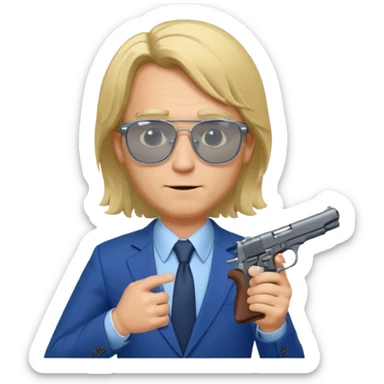 A blond man in a blue suit with a Colt pointing forward. The audience , and long hair and Rayban glasses sticker