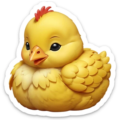 Meme-Worthy Cute Sleeping Yellow Baby Chicken Portrait Emoji, Head resting peacefully with a contented smile, showcasing a delightfully tiny build and a luxuriously soft bright yellow downy coat, eyes shut in a serene, restful nap, Simplified yet hilariously adorable features, highly detailed, glowing with a soft, drowsy light, high shine, relaxed and utterly lovable, stylized with an air of playful laziness, bright and heartwarming, soft glowing outline, capturing the essence of a comically sleepy chick, so meme-worthy it feels like it could instantly become the next viral sensation of adorable slumber! sticker