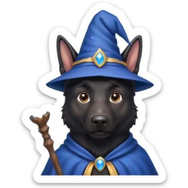 all black german shepherd face wearing a wizard hat and staff and magic swirling around him sticker