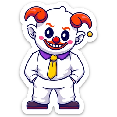 full-body demonic clown in a white leisure suit with bellbottom pants, bald, black ram horns, flashy belt, ruffled shirt, colorful tie, no elevator shoes sticker
