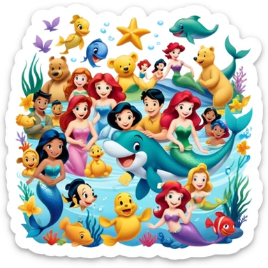 Icon for Animated Characters: A colorful, large-scale collage of beloved cartoon characters, including Franco, Mickey Mouse, Winnie-the-Pooh, Ariel the Little Mermaid, Jasmine and others. Bright and vibrant, full of whimsical charm. Transparent background. sticker
