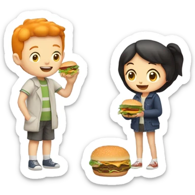 Tall ginger boy and a short asian girl eating burgers together  sticker