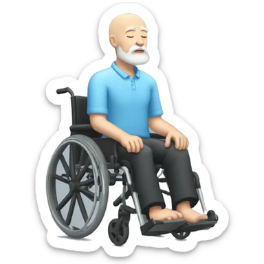 a sleeping bald old man with white beard, black shorts, light-blue shirt, on a wheelchair sticker